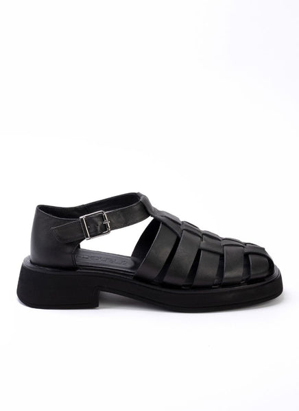 Unisex Fisherman-Sandale aus schwarzem, butterweichem Echtleder mit geschlossener Schuhspitze- und Kappe. 
